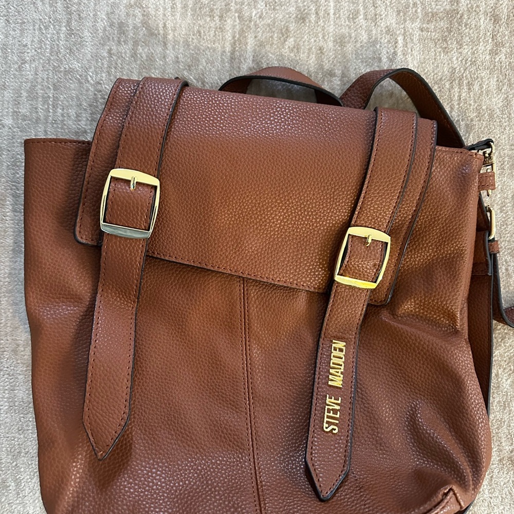 Steve Madden Brown Leather Backpack with Flap Closure